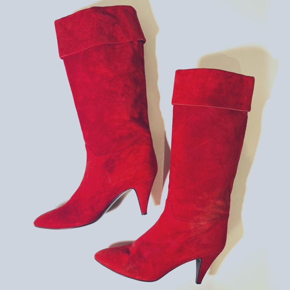 Vintage Italian Bright Red Suede Leather Heeled Boots - Size 6
